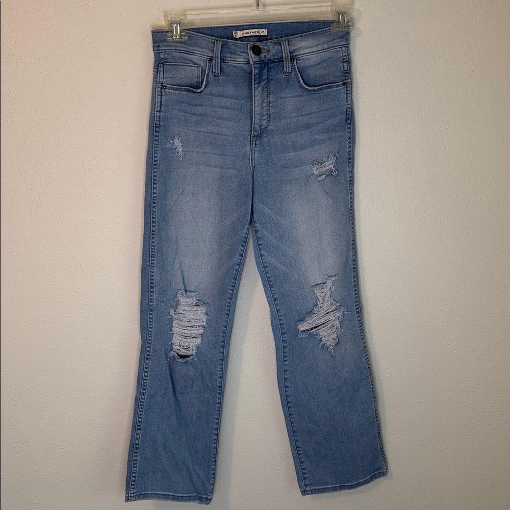 Whetherly James High Rise Straight Wide Leg Distressed Jeans Women's sz 28L